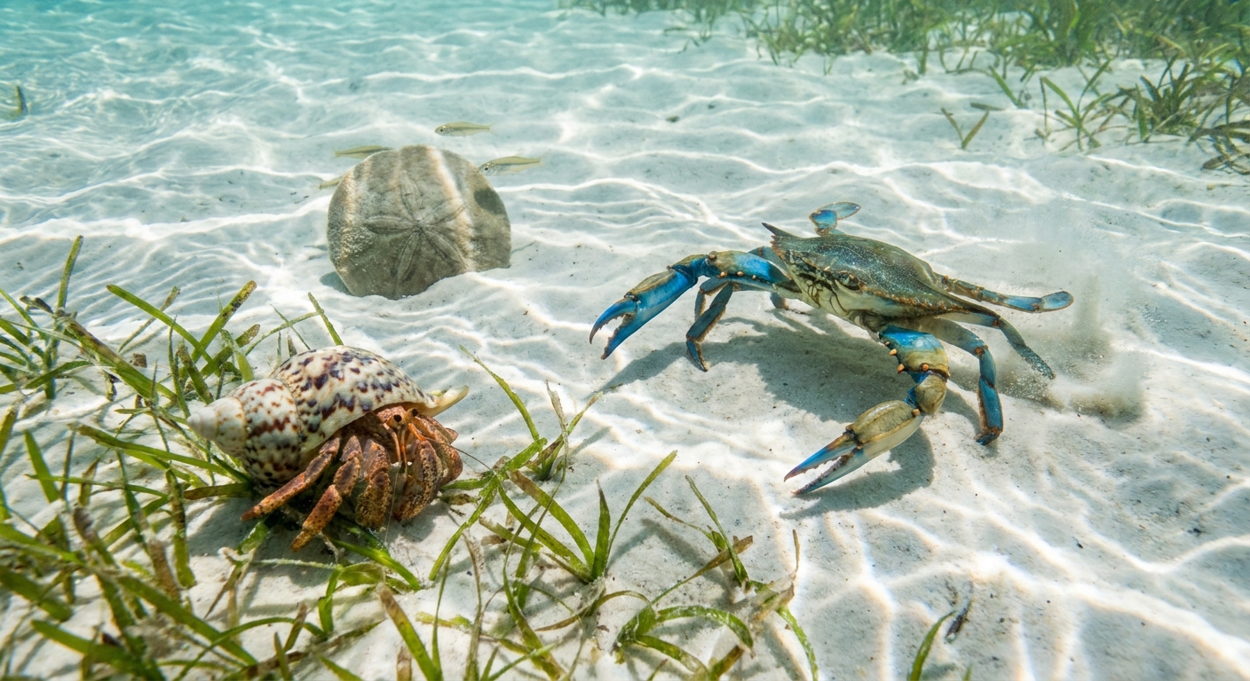 Blue crabs, hermit crabs, and sea life at Crab Island in Destin, Florida