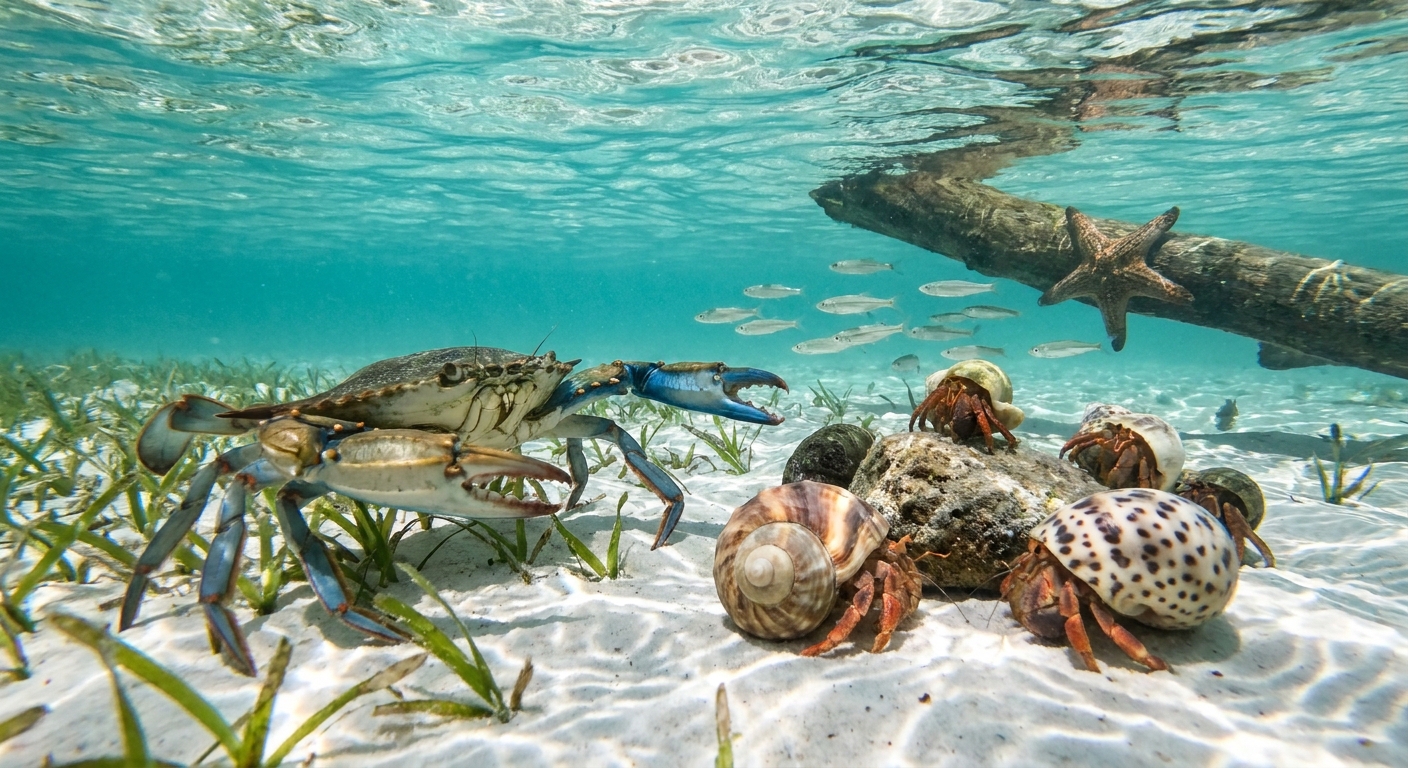 Blue Crabs, Hermit Crabs, and Other Sea Life at Crab Island